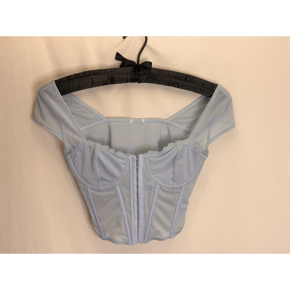 Unbranded - Mesh Corset Top Lace Trim Hook Eye - Light Blue - S - Women
